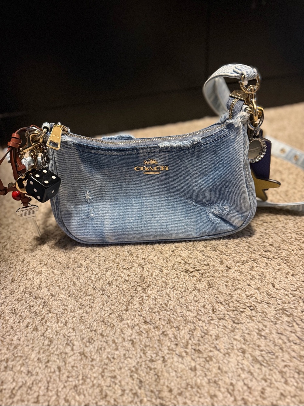 COACH Denim Teri Shoulder Bag in loved denim with Charm Accents - Light Blue